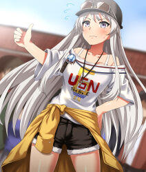 Rule 34 | 1girl, absurdres, azur lane, black hat, black shorts, blurry, blurry background, bra strap, cabbie hat, closed mouth, clothes around waist, commentary request, cowboy shot, cutoffs, day, denim, denim shorts, depth of field, enterprise (anniversary ride) (azur lane), enterprise (azur lane), eyewear on headwear, flying sweatdrops, frown, grey eyes, grey hair, hand on own hip, hat, highres, jacket, jacket around waist, long hair, off-shoulder shirt, off shoulder, official alternate costume, outdoors, partial commentary, print shirt, shirt, short sleeves, shorts, solo, standing, sunglasses, sweatdrop, t-shirt, thumbs up, very long hair, white shirt, yellow jacket, zanntetu
