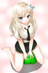 Rule 34 | 10s, 1girl, barefoot, blonde hair, blue eyes, boku wa tomodachi ga sukunai, bug, butterfly, butterfly hair ornament, from above, full body, hair ornament, highres, insect, kashiwazaki sena, long hair, looking up, necktie, pillow, pout, school uniform, simple background, sitting, skirt, solo, v arms, wariza, yamada ume