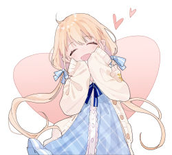 Rule 34 | 1girl, ^ ^, ame, blonde hair, blue dress, blue ribbon, closed eyes, dress, frilled dress, frills, futaba anzu, hair ornament, hair ribbon, hands on own cheeks, hands on own face, happy, heart, highres, idolmaster, idolmaster cinderella girls, long hair, ribbon, simple background, smile, sweater vest, twintails, unbuttoned, very long hair