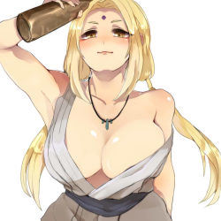Rule 34 | 1girl, arm up, armpits, bad id, bad pixiv id, bare shoulders, blonde hair, bottle, breasts, brown eyes, cleavage, drunk, facial mark, forehead mark, gemo (maru0903), jewelry, large breasts, long hair, looking at viewer, naruto, naruto (series), necklace, off shoulder, shiny skin, sleeveless, solo, tsunade (naruto), twintails, white background