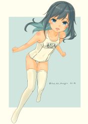 Rule 34 | 1girl, absurdres, alternate costume, alternate legwear, asashio (jmsdf), asashio (kancolle), black hair, blue background, blue eyes, border, breasts, collarbone, covered navel, full body, hair between eyes, highres, kantai collection, long hair, looking at viewer, name tag, old school swimsuit, one-piece swimsuit, open mouth, pot-de, school swimsuit, small breasts, smile, solo, swimsuit, thighhighs, twitter username, white border, white one-piece swimsuit, white thighhighs