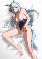 Rule 34 | 1girl, absurdres, after vaginal, aftersex, animal ears, awei (aweirua), barefoot, blue hair, blue one-piece swimsuit, bow, braid, breasts, censored, clothes pull, cum, cum in pussy, ear ribbon, highres, horse ears, horse girl, horse tail, large breasts, legs, long hair, looking at viewer, lying, mejiro ardan (umamusume), mosaic censoring, nipples, on side, one-piece swimsuit, one-piece swimsuit pull, parted lips, purple eyes, pussy, red ribbon, ribbon, soles, solo, swimsuit, tail, thighs, toes, tracen swimsuit, umamusume