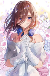 Rule 34 | 1girl, absurdres, blue eyes, bride, brown hair, closed mouth, commentary, dress, elbow gloves, falling petals, floral background, flower, gloves, go-toubun no hanayome, hair between eyes, hands up, happy, head wreath, headphones, headphones around neck, highres, jewelry, long bangs, long hair, looking at viewer, nakano miku, off-shoulder dress, off shoulder, petals, raikun raikun, ring, smile, solo, sparkle, strapless, strapless dress, wedding dress, wedding ring, white flower, white gloves