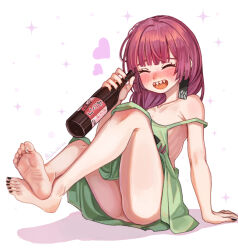 Rule 34 | 1girl, artist name, bare legs, barefoot, black nails, blunt bangs, blush, bocchi the rock!, bottle, closed eyes, collarbone, commentary request, dress, feet, fingernails, green dress, hakai no ika, heart, hiroi kikuri, holding, holding bottle, knees up, legs, legs up, long hair, nail polish, no panties, off shoulder, open mouth, red hair, shadow, sharp teeth, signature, simple background, sitting, soles, solo, spaghetti strap, teeth, toenail polish, toenails, toes, upper teeth only, white background