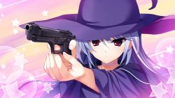 Rule 34 | animated, animated gif, composite, frontwing, fumio (ura fmo), game cg, grisaia (series), gun, handgun, hat, holding, holding gun, holding weapon, kazami kazuki, long hair, magical girl, pistol, purple headwear, revolver, tagme, weapon, witch, witch hat