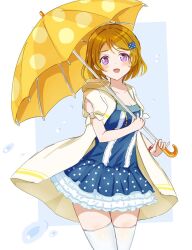 1girl :d blue_background blue_dress blush border breasts brown_hair cleavage coat collarbone commentary cowboy_shot dress highres holding holding_umbrella hood hood_down hooded_coat koizumi_hanayo looking_at_viewer love_live! love_live!_school_idol_project medium_breasts open_clothes open_coat open_mouth orange_umbrella outside_border puffy_short_sleeves puffy_sleeves purple_eyes sa(bannane)k short_hair short_sleeves simple_background smile solo swept_bangs thighhighs umbrella water_drop white_border white_thighhighs yellow_coat zettai_ryouiki