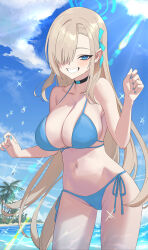 Rule 34 | 1girl, absurdres, alternate costume, asuna (blue archive), bikini, blue archive, blue bikini, blue eyes, blue halo, blue ribbon, blue sky, breasts, brown hair, cleavage, clenched teeth, cloud, commentary request, day, hair over one eye, hair ribbon, halo, highres, large breasts, long hair, looking at viewer, navel, ocean, outdoors, palm tree, ribbon, side-tie bikini bottom, sitting, sky, smile, standing, sunlight, swimsuit, takeda yousuke, teeth, thighs, tree, very long hair