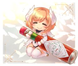 Rule 34 | 1girl, arcanadea, blush, bottle, breasts, cleavage, closed eyes, gloves, highres, holding, holding bottle, hot sauce, kneeling, leotard, lumitia, mini person, minigirl, sankuma, short hair, small breasts, smile, solo, tabasco, white gloves, wings