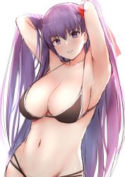 Rule 34 | 1girl, armpits, arms behind head, arms up, bare shoulders, bb (fate), bb (fate/extra), bikini, black bikini, blush, breasts, cleavage, collarbone, fate/extra, fate/extra ccc, fate (series), hair between eyes, hair ribbon, john zhang, large breasts, long hair, looking at viewer, navel, parted lips, purple eyes, purple hair, red ribbon, ribbon, simple background, smile, solo, swimsuit, very long hair, white background