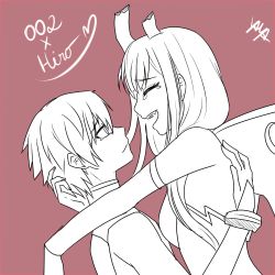 Rule 34 | 10s, 1boy, 1girl, arm on another&#039;s shoulder, asymmetrical horns, bodysuit, breasts, couple, crying, crying with eyes open, darling in the franxx, closed eyes, eyes visible through hair, fang, fringe trim, gloves, hand on another&#039;s back, hand on another&#039;s head, hetero, highres, hiro (darling in the franxx), horns, large breasts, long hair, looking at another, oni horns, pilot suit, short hair, signature, tears, yaya chan, zero two (darling in the franxx)