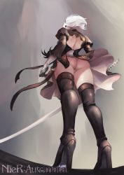 Rule 34 | 1girl, absurdres, ass, backless outfit, black thighhighs, blindfold, boots, breasts, from behind, from below, hairband, high heel boots, high heels, highres, johnson zhuang, leotard, nier (series), nier:automata, panties, short hair, skirt, solo, thigh boots, thighhighs, thighs, underwear, white hair, 2b (nier:automata)