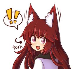 Rule 34 | !, &gt;:d, 1girl, :3, :d, animal ear fluff, animal ears, blush, ear wiggle, fang, imaizumi kagerou, long hair, looking at viewer, open mouth, red eyes, revision, simple background, smile, solo, spoken exclamation mark, touhou, v-shaped eyebrows, white background, wolf ears, wool (miwol)