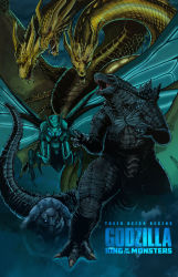 Rule 34 | alien, baby, bioluminescence, blue eyes, bug, butterfly, caterpillar, christian willlett, claws, conjoined, dinosaur, dragon, dragon horns, dragon wings, dual persona, fangs, glowing, glowing eyes, godzilla, godzilla: king of the monsters, godzilla (series), highres, horns, hydra, insect, kaijuu, king ghidorah, legendary pictures, monster, monsterverse, moth, mothra, movie poster, multiple heads, multiple tails, no humans, open mouth, orange eyes, parody, red eyes, sharp teeth, silkworm, spikes, style parody, tail, teeth, text focus, toho, transformation, wings, worm