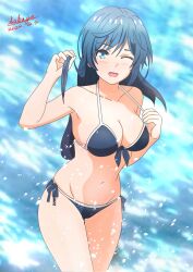 Rule 34 | 1girl, ;d, bare arms, bare shoulders, bikini, blue bikini, blue eyes, blue hair, blush, breasts, cleavage, collarbone, commentary request, dated, front-tie bikini top, front-tie top, groin, hand up, holding, holding own hair, jaku-chara tomozaki-kun, long hair, looking at viewer, medium breasts, nanami minami, navel, one eye closed, open mouth, sakayaya, side-tie bikini bottom, signature, smile, solo, standing, swimsuit, very long hair, water