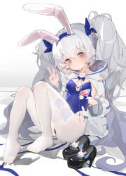 Rule 34 | 1girl, absurdres, animal ears, azur lane, blue leotard, breasts, chinese commentary, closed mouth, commentary, crossed bangs, fake animal ears, feet, full body, grey hair, hair between eyes, high heels, highleg, highleg leotard, highres, kele mimi, knees up, laffey (azur lane), laffey ii (azur lane), laffey ii (sleepy on a busy day) (azur lane), legs, leotard, long hair, long sleeves, looking at viewer, mary janes, no shoes, official alternate costume, pantyhose, playboy bunny, rabbit ears, red eyes, shoes, sitting, small breasts, solo, strapless, strapless leotard, toenails, toes, twintails, unworn shoes, v, very long hair, white background, white pantyhose