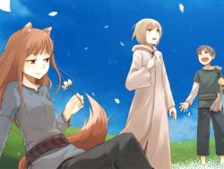 Rule 34 | 00s, 1boy, 2girls, animal ears, ayakura juu, ayres, flower, holo, klass, multiple girls, nora arento, outdoors, robe, sitting, spice and wolf, tail, white robe, wolf ears, wolf tail
