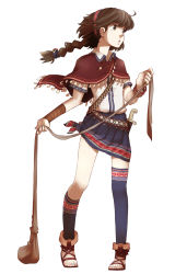 Rule 34 | 1girl, bandages, belt, braid, brown eyes, brown hair, capelet, female focus, full body, hairband, highres, knife, leg warmers, long hair, multicolored nails, nagian, nail polish, original, patterned legwear, pigeon-toed, pleated skirt, sandals, scimitar, shawl, sheath, sheathed, short sleeves, simple background, single braid, single thighhigh, skirt, solo, standing, sword, thighhighs, toenail polish, toenails, upright, weapon, white background