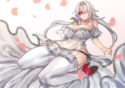 Rule 34 | 1girl, absurdres, azur lane, blush, bow, bow panties, breasts, clothing cutout, colorado (azur lane), dress, flower, high heels, highres, lingerie, long hair, mature female, non-web source, panties, petals, red eyes, red footwear, see, simple background, tail, tail through clothes, thighhighs, underwear, wedding dress, white dress, white hair, white thighhighs