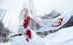 Rule 34 | 1girl, 3d, aya brea, blonde hair, blood, dress, gun, highres, jewelry, necklace, official art, official wallpaper, parasite eve, parasite eve the 3rd birthday, snow, solo, veil, weapon, wedding dress