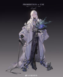 Rule 34 | 1boy, absurdres, alternate costume, ban tang siji qing, bell sleeves, black background, black footwear, black gloves, black pants, black ribbon, blue flower, boots, bottle, bouquet, bug, butterfly, cael anselm, card, closed mouth, coat, crossed legs, detached collar, expressionless, flower, flower brooch, fold-over boots, frilled sleeves, frills, glint, gloves, gradient background, grey background, grey robe, hair between eyes, hair flower, hair ornament, highres, holding, holding bouquet, holding ribbon, insect, iris (flower), lace, leaf, long bangs, long coat, long hair, long sleeves, looking at viewer, lovebrush chronicles, male focus, neck ribbon, open clothes, open coat, pants, pectoral cleavage, pectorals, perfume bottle, photo (object), purple eyes, purple flower, ribbon, ringlets, robe, sample watermark, shirt, sidelocks, sleeve ribbon, solo, standing, two-tone gloves, very long hair, watermark, watson cross, wavy hair, weibo logo, weibo watermark, white butterfly, white coat, white gloves, white hair, white ribbon, white shirt