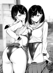 Rule 34 | 2girls, ass, asymmetrical docking, blush, breast press, breasts, clothes lift, clothes pull, comic, frontal wedgie, gentsuki, greyscale, highleg, highleg swimsuit, highres, large breasts, licking lips, lifted by self, long sleeves, looking at viewer, medium breasts, monochrome, multiple girls, original, parted lips, partially visible vulva, sailor collar, school uniform, shirt, short hair, siblings, sisters, skirt, skirt lift, skirt pull, smile, standing, swimsuit, swimsuit under clothes, thighhighs, tongue, tongue out, wedgie