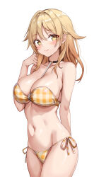 1girl amagi_(amagi626) apple_gumi arm_behind_back bikini blonde_hair breasts choker cowboy_shot gingham_bikini hair_flaps highres large_breasts long_hair navel side-tie_bikini_bottom simple_background smile solo strapless strapless_bikini swimsuit ukamoto_marino virtual_youtuber white_background yellow_bikini yellow_eyes