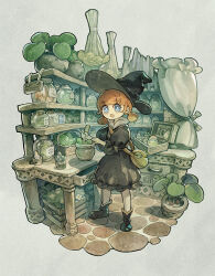 Rule 34 | 1girl, bag, basket, black dress, black footwear, blue eyes, candle, circle0121, cobblestone, curtains, desk, drawer, dress, flower, full body, handbag, hat, herb, holding, jar, leaf, long hair, looking at viewer, low twintails, mortar (bowl), open drawer, open mouth, orange hair, original, pestle, plant, potted plant, shelf, shoes, solo, standing, twintails, witch, witch hat