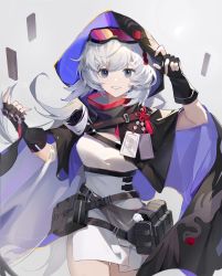 Rule 34 | 1girl, absurdres, arknights, black cape, black gloves, blue eyes, breasts, caicaizi (dois1), cape, cowboy shot, dress, feather hair, fingerless gloves, gloves, goggles, goggles on head, grey background, hands up, highres, hood, hood up, hooded cape, id card, lofter, looking at viewer, medium breasts, mulberry (arknights), pouch, simple background, solo, straight-on, white dress, white hair