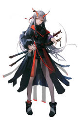 1girl black_coat bracelet closed_mouth coat full_body green_eyes grey_hair highres horns jewelry long_hair long_sleeves looking_at_viewer mackia messy_hair original shoes sidelocks solo sword thighs weapon white_background