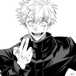 Rule 34 | 1boy, black jacket, blood, crazy eyes, crazy smile, dirty, email2140, eyelashes, fingernails, gojou satoru, hand signs, jacket, jujutsu kaisen, long sleeves, looking at viewer, messy hair, monochrome, open mouth, short hair, sleeves past elbows, smile, solo, teeth, tongue, white background