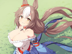 Rule 34 | 1girl, animal ears, bare shoulders, blue skirt, breasts, brown eyes, brown hair, collarbone, commentary request, frilled shirt, frills, grass, hair between eyes, horse ears, large breasts, long hair, long sleeves, looking at viewer, low twintails, multicolored hair, off-shoulder shirt, off shoulder, pleated skirt, shirt, skirt, sleeves past fingers, sleeves past wrists, smile, solo, twintails, two-tone hair, uccow, umamusume, very long hair, white hair, white shirt, yamanin zephyr (umamusume)