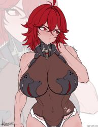 Rule 34 | 1girl, ahoge, arm armor, armor, artist name, blush, bodystocking, boobplate, breastplate, breasts, cleavage, covered navel, embarrassed, goddess of victory: nikke, hair between eyes, hair intakes, hand on own shoulder, highres, large breasts, looking to the side, nihilister (nikke), red eyes, red hair, see-through, see-through cleavage, short hair, sidelocks, sivarkart, solo, torn bodystocking, torn clothes, zoom layer