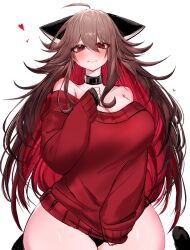 Rule 34 | animal ears, blush, breasts, brown hair, cat ears, cat girl, cat tail, choker, cleavage, embarrassed, friday night funkin&#039;, girlfriend (friday night funkin&#039;), hand on own chest, highres, huge breasts, long hair, looking at viewer, messy hair, multicolored hair, red eyes, red hair, red sweater, sweater, tail, thick thighs, thighs, usa37107692, wide hips