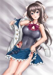 Rule 34 | 1girl, arm out of sleeve, assault lily, bare shoulders, bed sheet, blue eyes, blue skirt, blush, bow, bowtie, breasts, brown bow, brown hair, buttons, cleavage, clothes pull, collarbone, commentary, competition swimsuit, covered navel, feet out of frame, fingernails, floral print, frilled skirt, frills, grey one-piece swimsuit, hair between eyes, hair bow, hand up, head tilt, herensuge girls academy school uniform, high ponytail, highres, imai tomohiro, jacket, jewelry, large breasts, light smile, long hair, long sleeves, looking at viewer, lying, miniskirt, off shoulder, on back, one-piece swimsuit, open clothes, open jacket, parted lips, ponytail, print swimsuit, pulled by self, red bow, red bowtie, red one-piece swimsuit, ring, school uniform, serizawa chikaru, skirt, skirt pull, solo, swimsuit, swimsuit under clothes, two-tone swimsuit, undressing, very long hair, white jacket