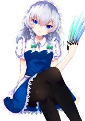 Rule 34 | 1girl, arm support, between fingers, black pantyhose, blue dress, blue eyes, blush, bow, braid, breasts, crossed legs, dress, feet out of frame, frills, green bow, hair between eyes, hair bow, hair ribbon, hand up, highres, holding, holding knife, iridescent, izayoi sakuya, knife, long hair, looking at viewer, maid headdress, medium breasts, pantyhose, parted lips, puffy short sleeves, puffy sleeves, ribbon, short sleeves, side braids, silver hair, simple background, solo, throwing knife, tomoe (fdhs5855), touhou, tress ribbon, twin braids, weapon, white background, wing collar