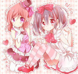 Rule 34 | 10s, 2girls, black hair, blush, bow, character name, clenched hands, dotted line, dress, earrings, gloves, hair bow, hand on own cheek, hand on own face, hat, heart, jewelry, kneeling, korekara no someday, looking at viewer, love live!, love live! school idol project, mini hat, mini top hat, multiple girls, nekomeron, nishikino maki, outline, plaid, plaid background, purple eyes, red eyes, red hair, sash, sitting, striped clothes, striped legwear, striped thighhighs, thighhighs, top hat, twintails, white gloves, yazawa nico