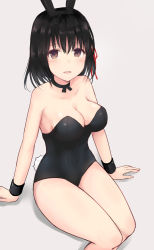 Rule 34 | 10s, 1girl, animal ears, bad id, bad pixiv id, black hair, blush, bob cut, breasts, brown eyes, cleavage, collar, collarbone, commentary, eyebrows, fake animal ears, grey background, haguro (kancolle), hair between eyes, hair ribbon, highres, kantai collection, kinryuu, large breasts, legs together, leotard, looking at viewer, open mouth, playboy bunny, rabbit ears, red ribbon, ribbon, shadow, short hair, simple background, sitting, smile, solo, thighs