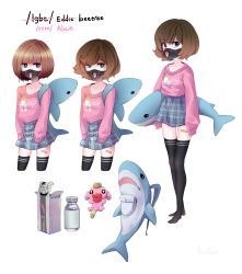 Rule 34 | 1girl, 4chan, absurdres, bandaid, bandaid on leg, black thighhighs, blue eyes, bottle, brown hair, character name, character sheet, dark yaoi, estrogen, highres, huge filesize, incredibly absurdres, lgbt (4chan), looking at viewer, mask, mouth mask, personification, pink sweater, plaid, plaid skirt, simple background, skirt, sleeves past wrists, solo, standing, stuffed animal, stuffed shark, stuffed toy, sweater, thighhighs, transgender, white background