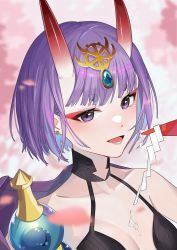 Rule 34 | 1girl, absurdres, alcohol, bare shoulders, bob cut, breasts, collarbone, cup, eyeliner, fate/grand order, fate (series), gourd, headpiece, highres, horns, japanese clothes, kimono, looking at viewer, makeup, oni, open mouth, purple eyes, purple hair, purple kimono, revealing clothes, sakazuki, sake, short hair, shuten douji (fate), skin-covered horns, small breasts, smile, solo, sumiya4869