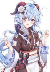 Rule 34 | 1girl, absurdres, ahoge, amaki ruto, black bow, blue hair, blush, bow, breasts, brown bow, brown kimono, chinese knot, floral print, flower, flying sweatdrops, ganyu (genshin impact), genshin impact, goat horns, hair between eyes, hair bow, hair flower, hair ornament, hands up, highres, horns, japanese clothes, kimono, long hair, looking at viewer, medium breasts, obi, obijime, open mouth, print kimono, purple eyes, sash, sidelocks, simple background, smile, solo, upper body, white background, white flower, wide sleeves