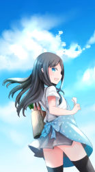 Rule 34 | 10s, 1girl, apron, arm warmers, asashio (kancolle), back, bag, black hair, black thighhighs, blouse, blue eyes, blue sky, cloud, comah, day, food, gradient background, groceries, grocery bag, highres, kantai collection, long hair, note, open mouth, pleated skirt, school uniform, shirt, shopping bag, skirt, sky, smile, solo, spring onion, suspenders, thighhighs
