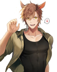 Rule 34 | 1boy, animal ears, bishounen, black tank top, cat boy, cat ears, character request, claw pose, covered abs, earrings, final fantasy, final fantasy xiv, highres, jewelry, light brown hair, male focus, miqo&#039;te, open clothes, open shirt, pectorals, seum (kao husband), short hair, single earring, smile, solo, tank top, upper body, warrior of light (ff14), yellow eyes
