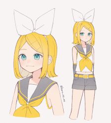 Rule 34 | 1girl, aqua eyes, arms behind back, bare shoulders, blonde hair, bow, crop top, detached sleeves, grey sailor collar, grey shorts, grey sleeves, hair bow, hair ornament, hairclip, haru no no, highres, kagamine rin, looking at viewer, midriff, navel, neckerchief, sailor collar, sailor shirt, shirt, short hair, shorts, sideways glance, sleeveless, sleeveless shirt, smile, solo, twitter username, vocaloid, white bow, yellow neckerchief
