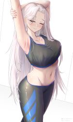 Rule 34 | 1girl, absurdres, arm up, armpits, azur lane, black sports bra, blue eyes, blush, breasts, cleavage, commentary, english commentary, half-closed eyes, highres, large breasts, long hair, navel, one eye closed, pants, parted bangs, skindentation, smile, solo, sports bra, sportswear, stomach, stretching, very long hair, white background, white hair, yoga pants, yorktown (azur lane), yunareas
