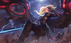 Rule 34 | 1boy, 1girl, absurdres, aircraft, armor, black gloves, blitzcrank, blonde hair, bodysuit, boots, breasts, building, detached wings, fire, floating hair, gloves, glowing, graves (league of legends), gun, helicopter, highres, holding, holding gun, holding sword, holding weapon, kayle (league of legends), league of legends, lips, long hair, looking to the side, mechanical wings, medium breasts, night, nose, official art, open mouth, parted lips, robot, skin tight, smile, sunglasses, sword, thigh boots, weapon, wings
