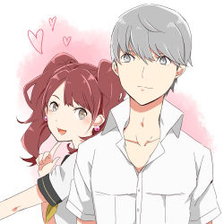 Rule 34 | 1boy, 1girl, brown eyes, brown hair, earrings, finger to face, heart, jewelry, kujikawa rise, looking at another, menoko, narukami yuu, open mouth, persona, persona 4, school uniform, grey eyes, silver hair, smile, twintails, upper body
