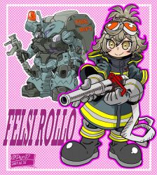 Rule 34 | 1girl, assault visor, black footwear, blush, boots, brown eyes, brown hair, character name, closed mouth, commentary request, dated, dilanza, felsi rollo, firefighter, firefighter jacket, framed, gloves, goggles, goggles on head, grey gloves, gundam, gundam suisei no majo, hair between eyes, holding, holding hose, horns, hose, ichinana (dametetujin17), jacket, looking ahead, mecha, mobile suit, robot, science fiction, single horn, smile, standing, topknot, twitter username, v-shaped eyebrows