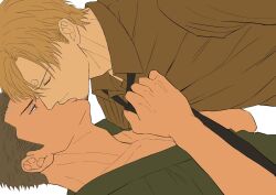 Rule 34 | 2boys, 72ki, black necktie, blonde hair, closed eyes, clothes pull, collarbone, dress shirt, facial hair, green hair, hair over one eye, highres, kiss, looking at another, lying, male focus, multiple boys, necktie, necktie grab, neckwear grab, on back, on floor, one piece, pectoral cleavage, pectorals, roronoa zoro, sanji (one piece), shirt, short hair, upper body, white background, yaoi, yellow shirt