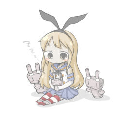 Rule 34 | 10s, 1girl, :3, bad id, bad pixiv id, blonde hair, blush stickers, brown eyes, chibi, elbow gloves, gloves, hair ribbon, kantai collection, long hair, machinery, rensouhou-chan, ribbon, shimakaze (kancolle), sitting, sleeping, solo, striped clothes, striped thighhighs, thighhighs, turret, yuasan, zzz