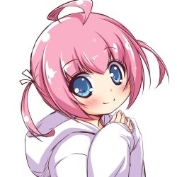 Rule 34 | 1girl, ahoge, blue eyes, hood, kuwada yuuki, original, own hands together, pink hair, ribbon, shirt, short hair, short twintails, smile, solo, twintails, upper body